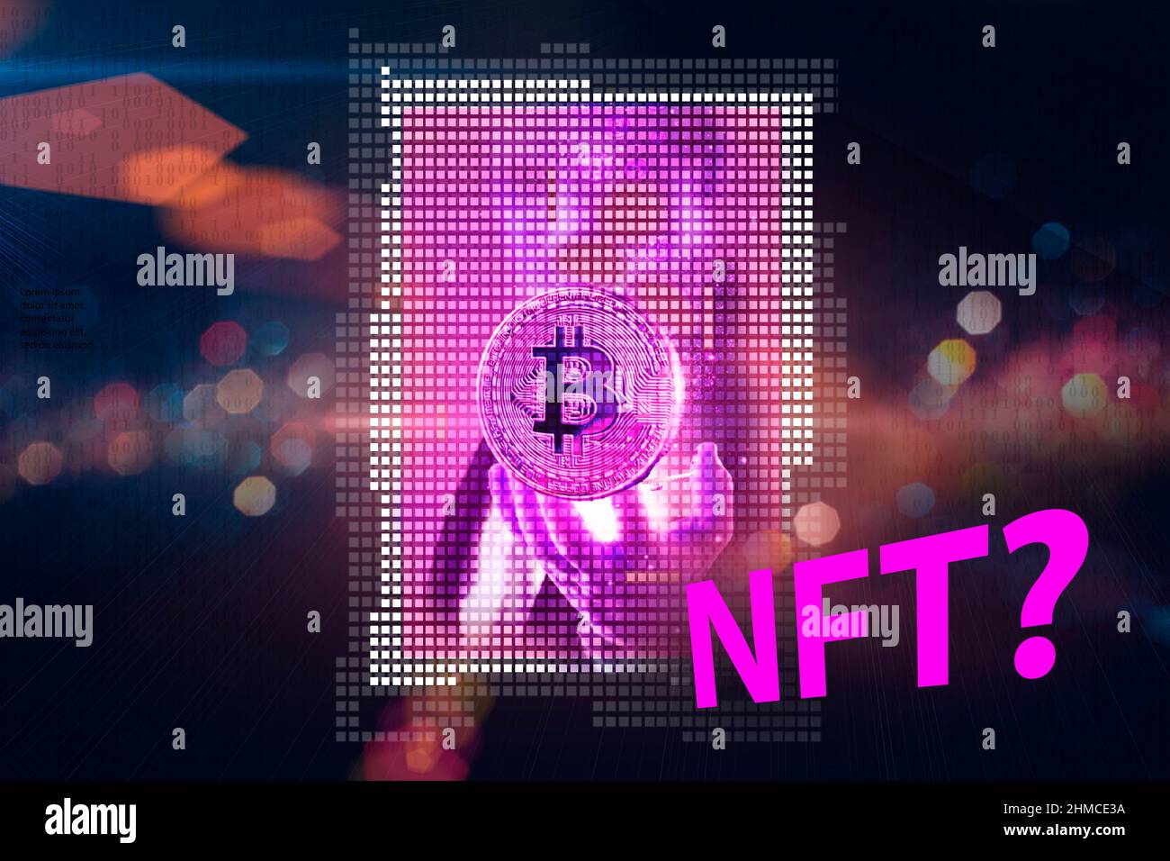banner nft con informazioni sulla figura. Gettone non rinnovabile, oggetti da collezione cripto, arte, giochi Foto Stock