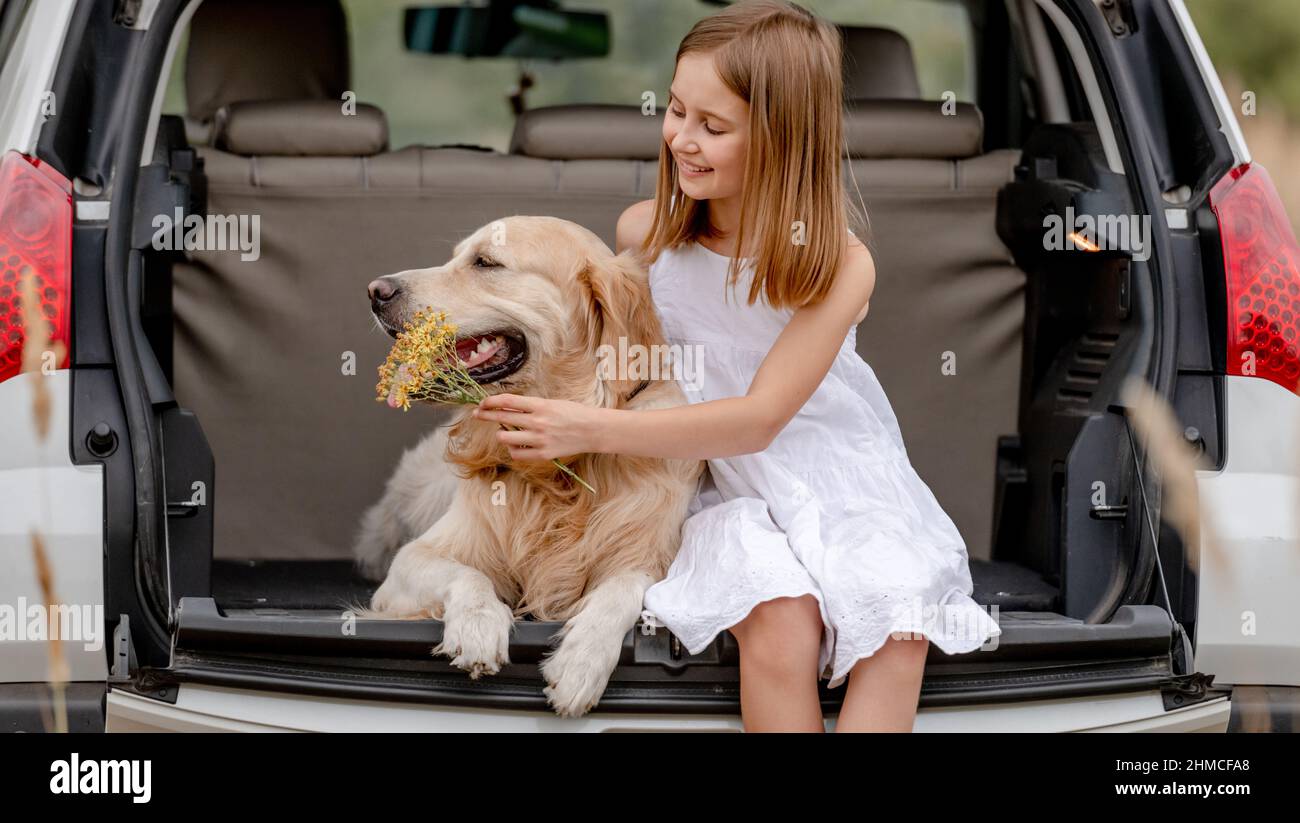 Ragazza di età con il cane di recupero d'oro nel tronco dell'automobile Foto Stock