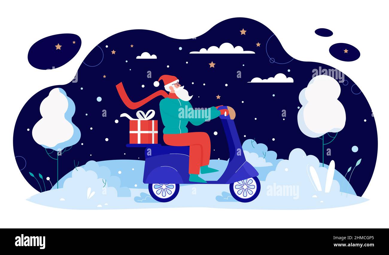 Babbo Natale a cavallo ciclomotore con scatole regalo e pacchi per l'illustrazione vettoriale di Natale. Fumetto vecchio corriere uomo con barba guida moto in notte paesaggio della città con nevicate, scena innevata di Natale Illustrazione Vettoriale