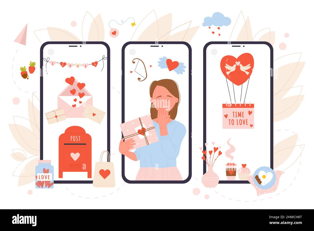 Amore regali sugli schermi di telefoni cellulari illustrazione vettoriale. Cartoon ragazza felice con regalo romantico nelle mani, mailbox con lettere cartacee e cuori rossi, palloncino. Concetto di giorno di San Valentino Illustrazione Vettoriale