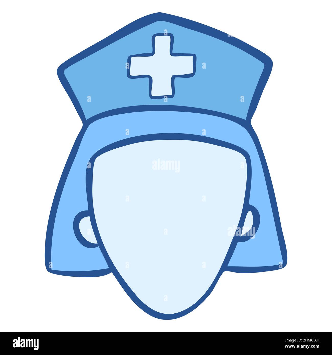 Icona del viso dell'infermiere disegnata a mano, con cappello a croce, isolato, simbolo medico Illustrazione Vettoriale