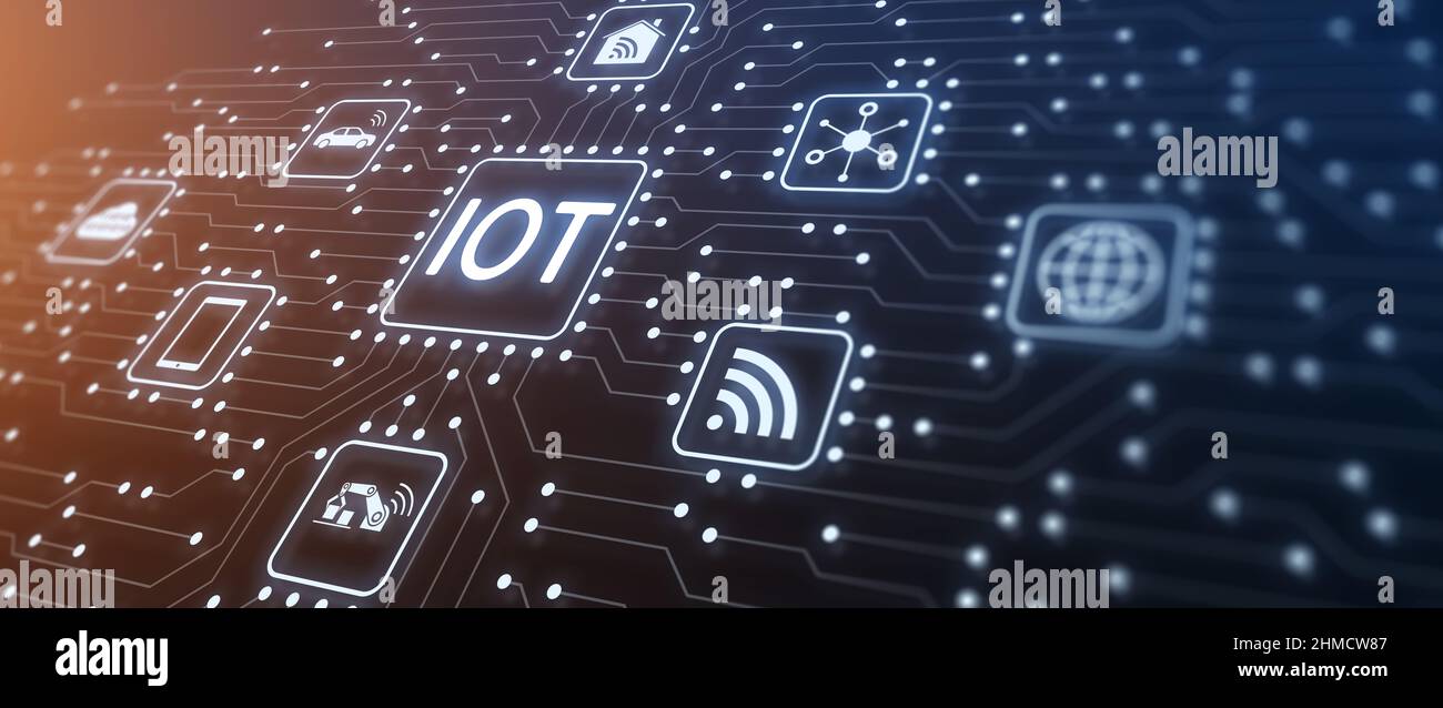 Tecnologia IoT Internet of Things con dispositivi connessi che scambiano dati in rete. Immagine con i collegamenti sulla scheda a circuiti elettronici. Motore Foto Stock