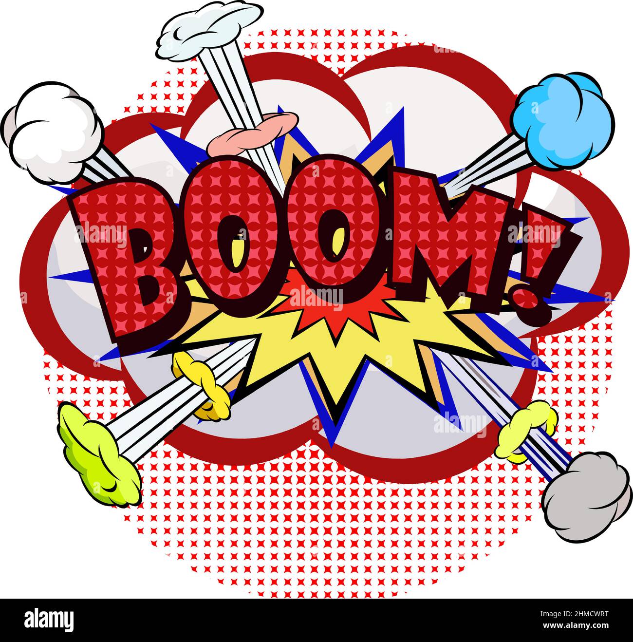 Boom fumetto esplosione bolla in stile popart vintage. Vettore stile cartoon. Esplosione vettoriale della bolla cartoon con motivo a mezzitoni ed effetto ombra Wow Illustrazione Vettoriale