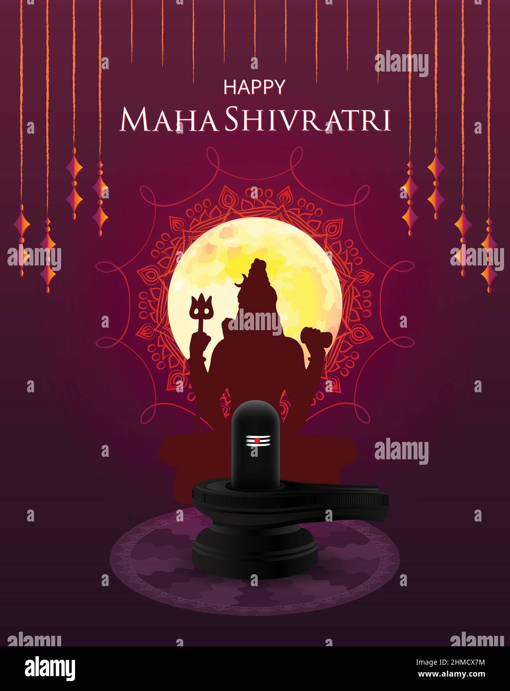 Maha Shivratri con Shivling, Lingam, Luna, cielo notturno, silhouette, Himalaya e Mandala. Modello di progettazione di Banner per poster tradizionale Hindu Festival Illustrazione Vettoriale