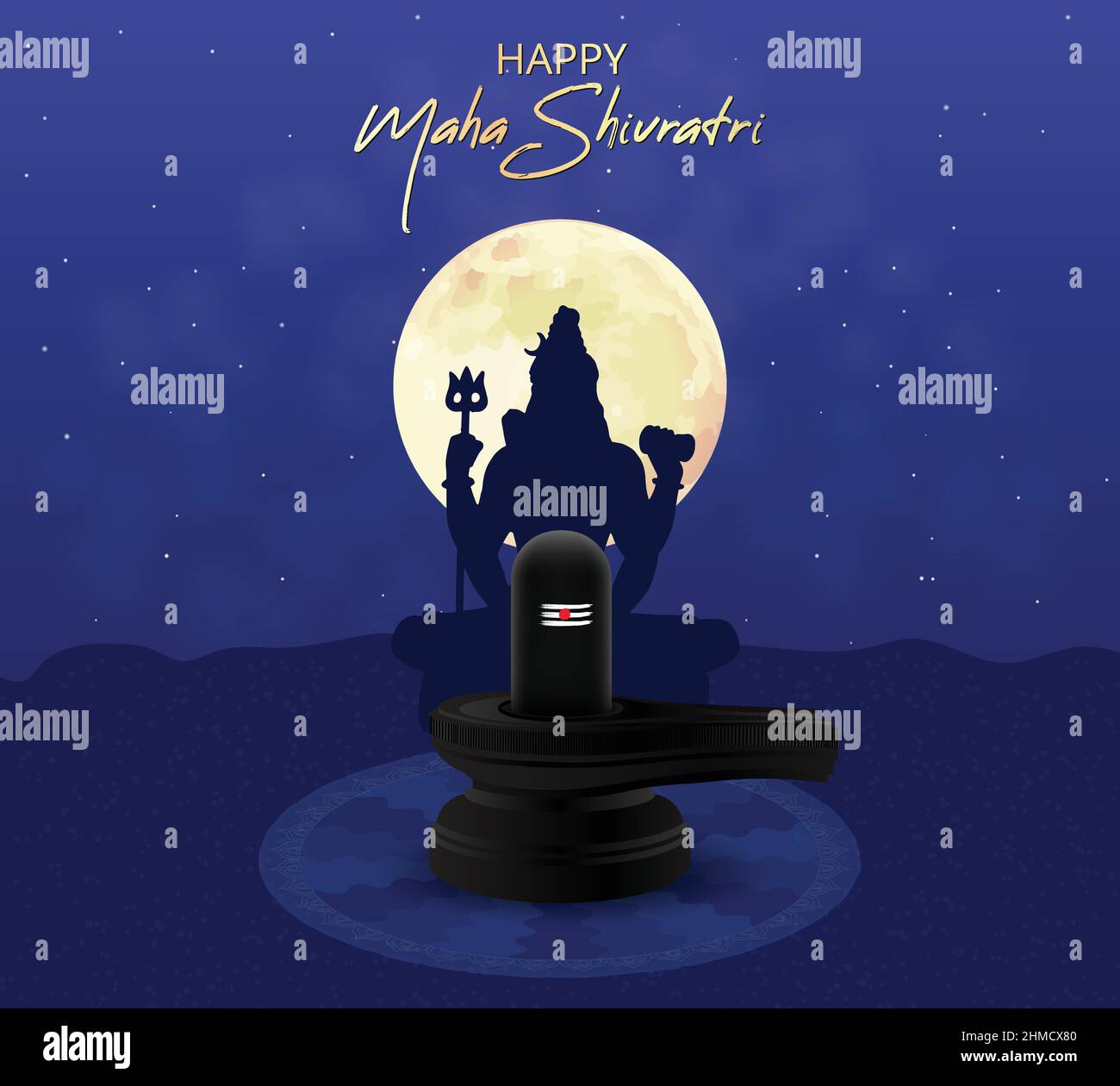 Maha Shivratri Shivling, Lingam, Luna, cielo notturno, silhouette. Mandala Traditional Hindu Festival Poster Banner Design Template Vector Illustration Illustrazione Vettoriale