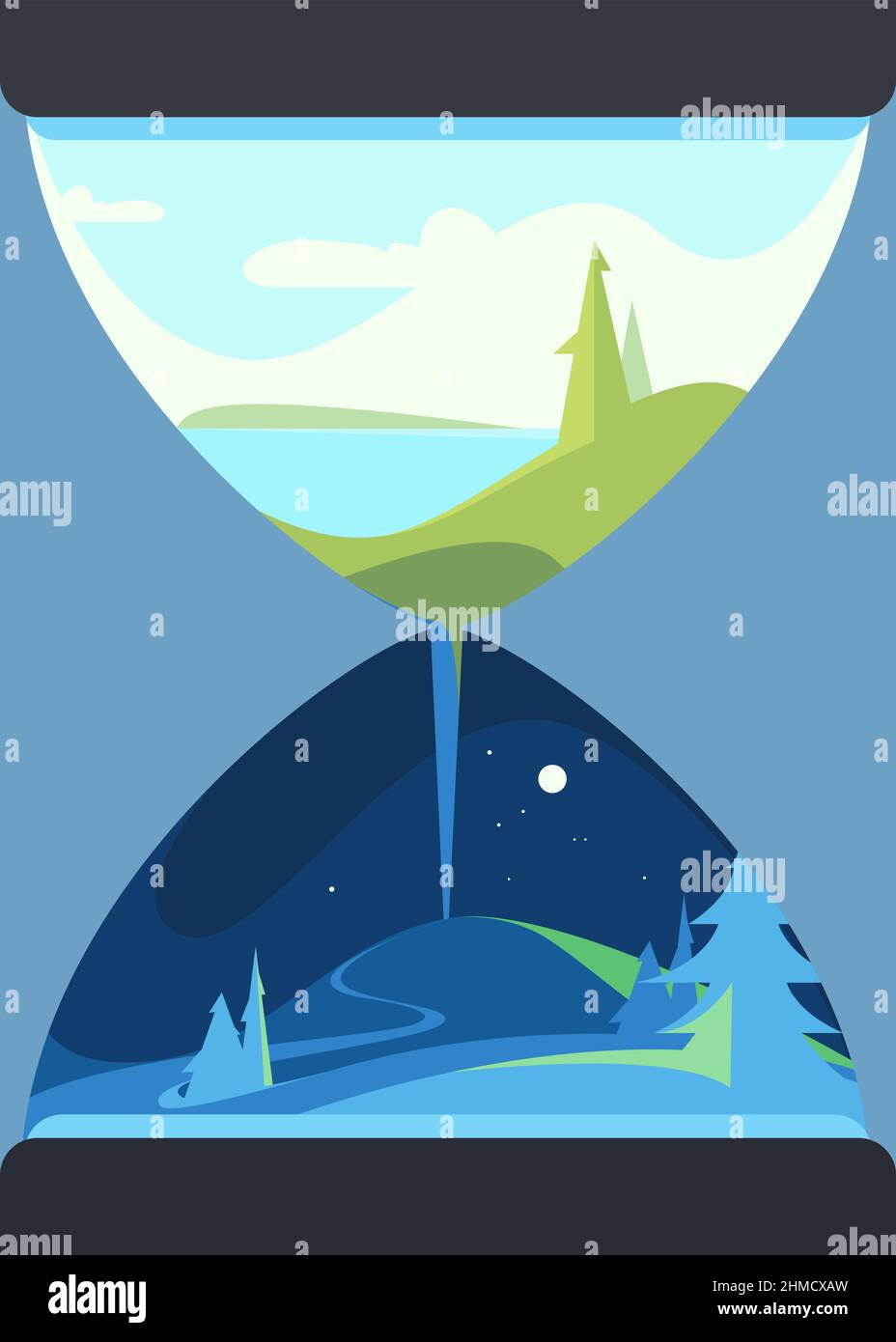 Clessidra con cambio dell'ora del giorno. Poster design in stile astratto. Illustrazione Vettoriale