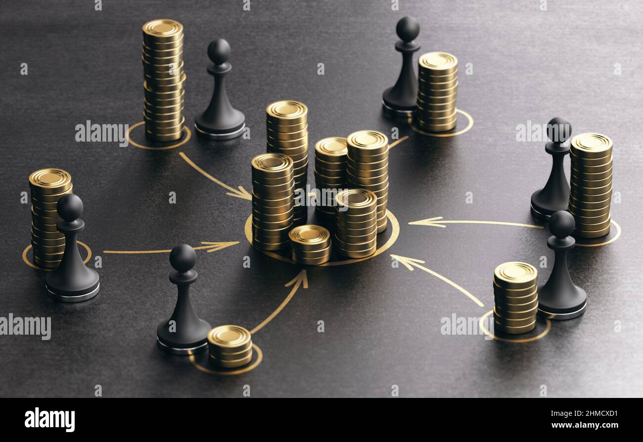 Concetto di finanziamento, finanziamento del progetto aziendale. 3D illustrazione di monete d'oro generiche e pedine su sfondo nero. Foto Stock