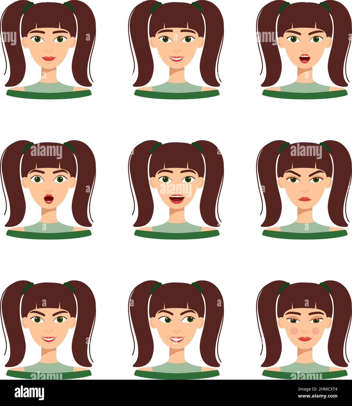 Set di emozioni di bella ragazza con capelli scuri. Insieme di emozioni femminili diverse, illustrazione vettoriale Illustrazione Vettoriale