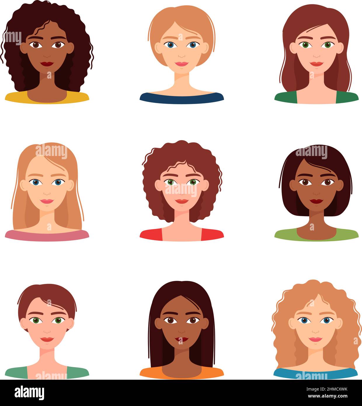 Set di avatar di donne con acconciature e colori diversi. Gruppo di diversità delle giovani donne, illustrazione vettoriale Illustrazione Vettoriale