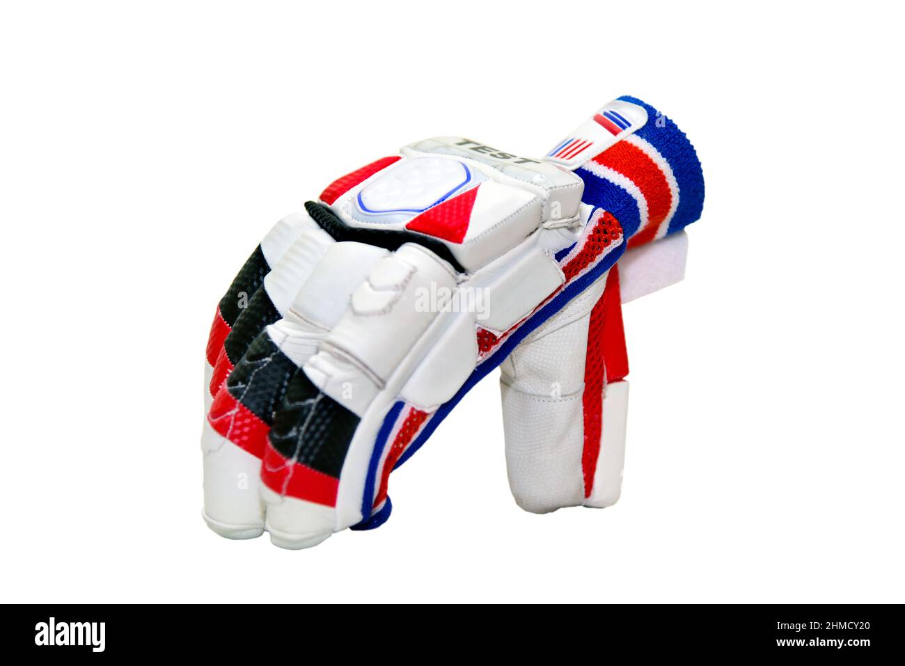 Guanto da cricket isolato con fondo bianco. Guanti per battitori. Foto Stock
