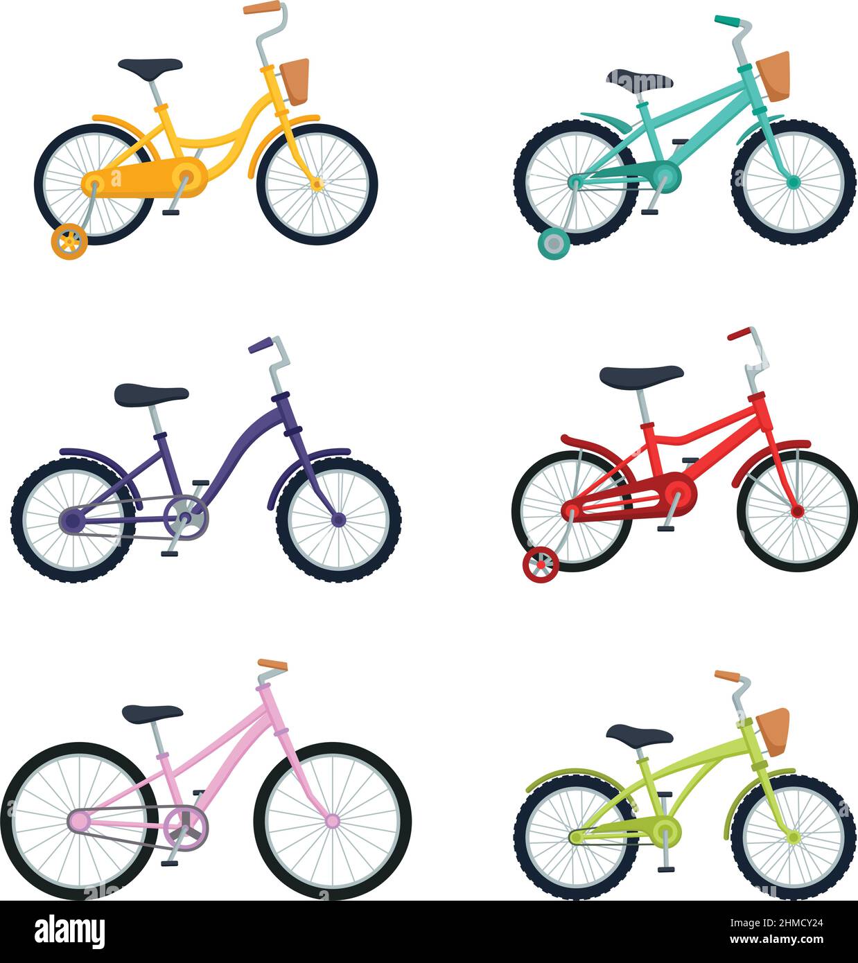 Set di biciclette per bambini su sfondo bianco. Biciclette per bambini, illustrazione vettoriale Illustrazione Vettoriale