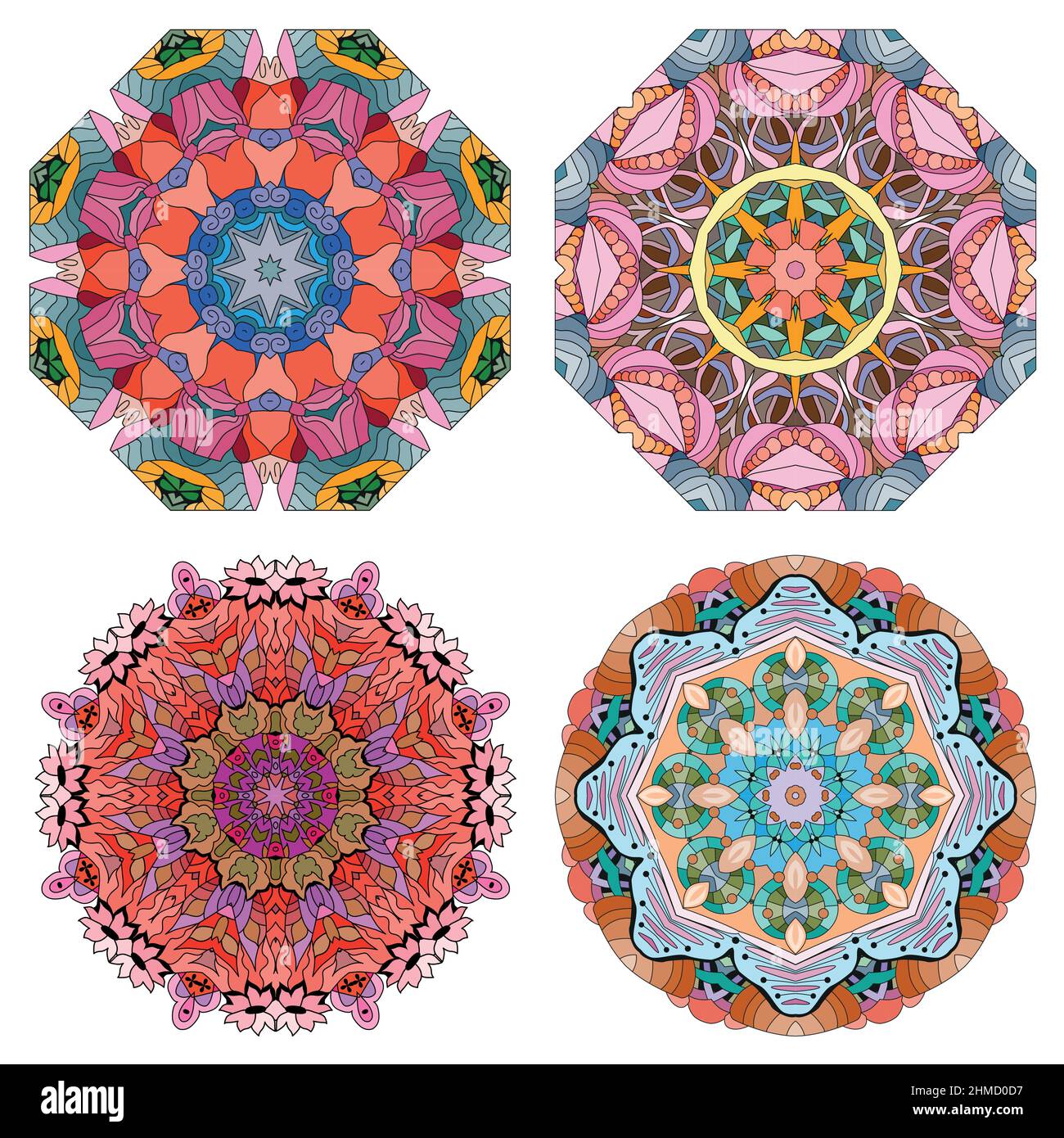 Disegno artistico dipinto a mano. Colore disegno a mano illustrazione Set di 4 mandala per decorazione Illustrazione Vettoriale