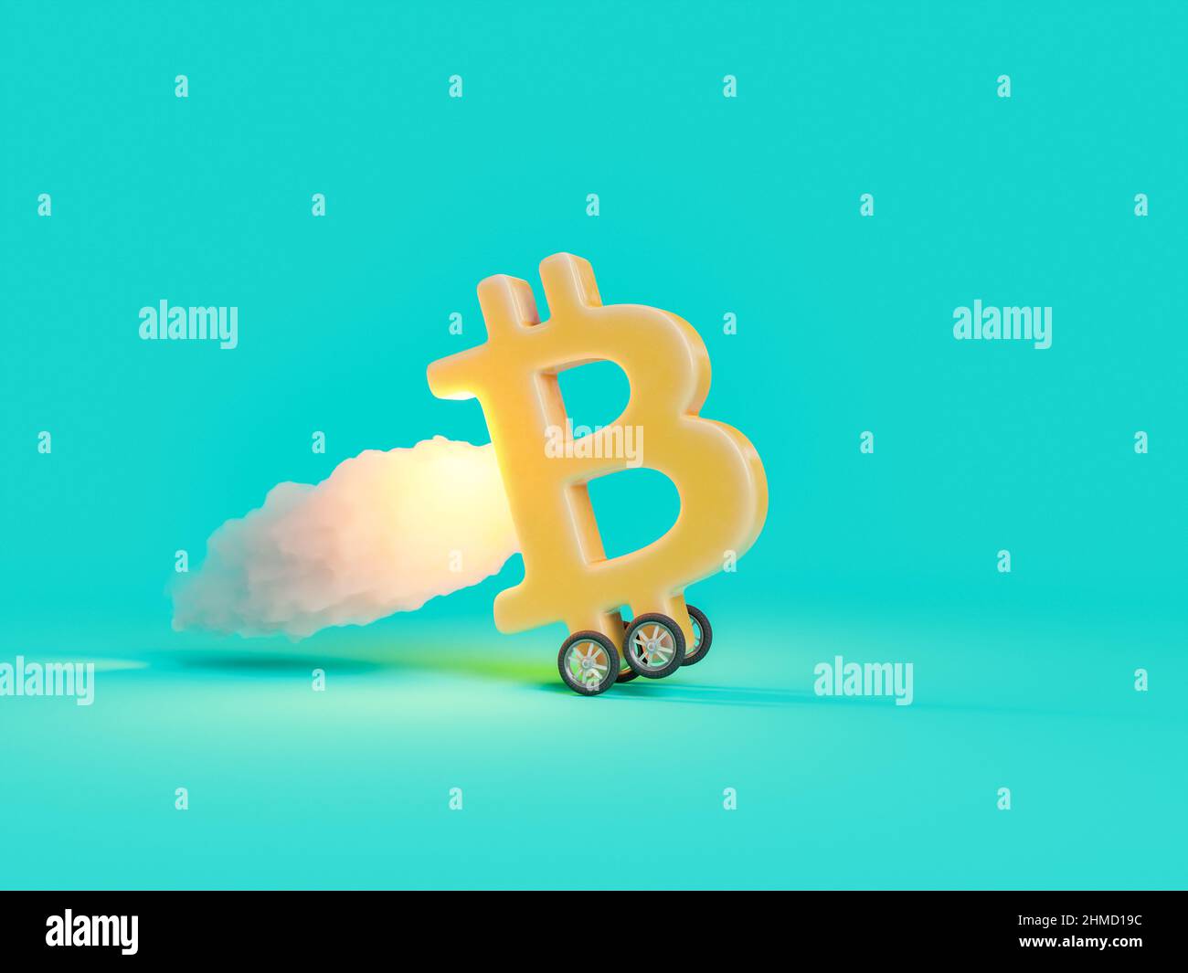 Bitcoin simbolo guidato con ruote e fumo trail dietro. Concetto di decollo, successo e futuro. 3d rendering Foto Stock