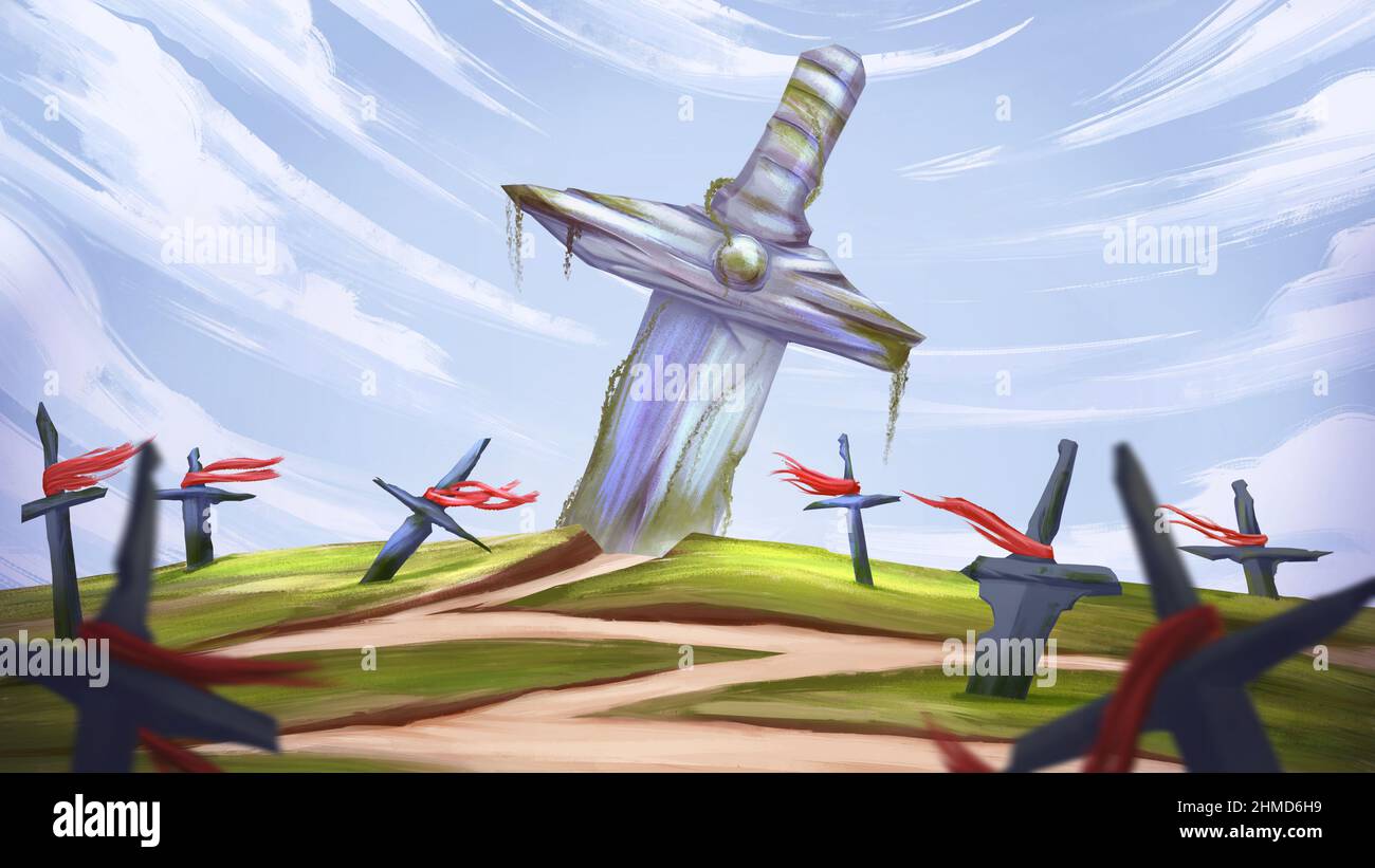 Paesaggio di spada rotta gigante sulla collina circondato da tomba. Illustrazione di Concept Art Foto Stock