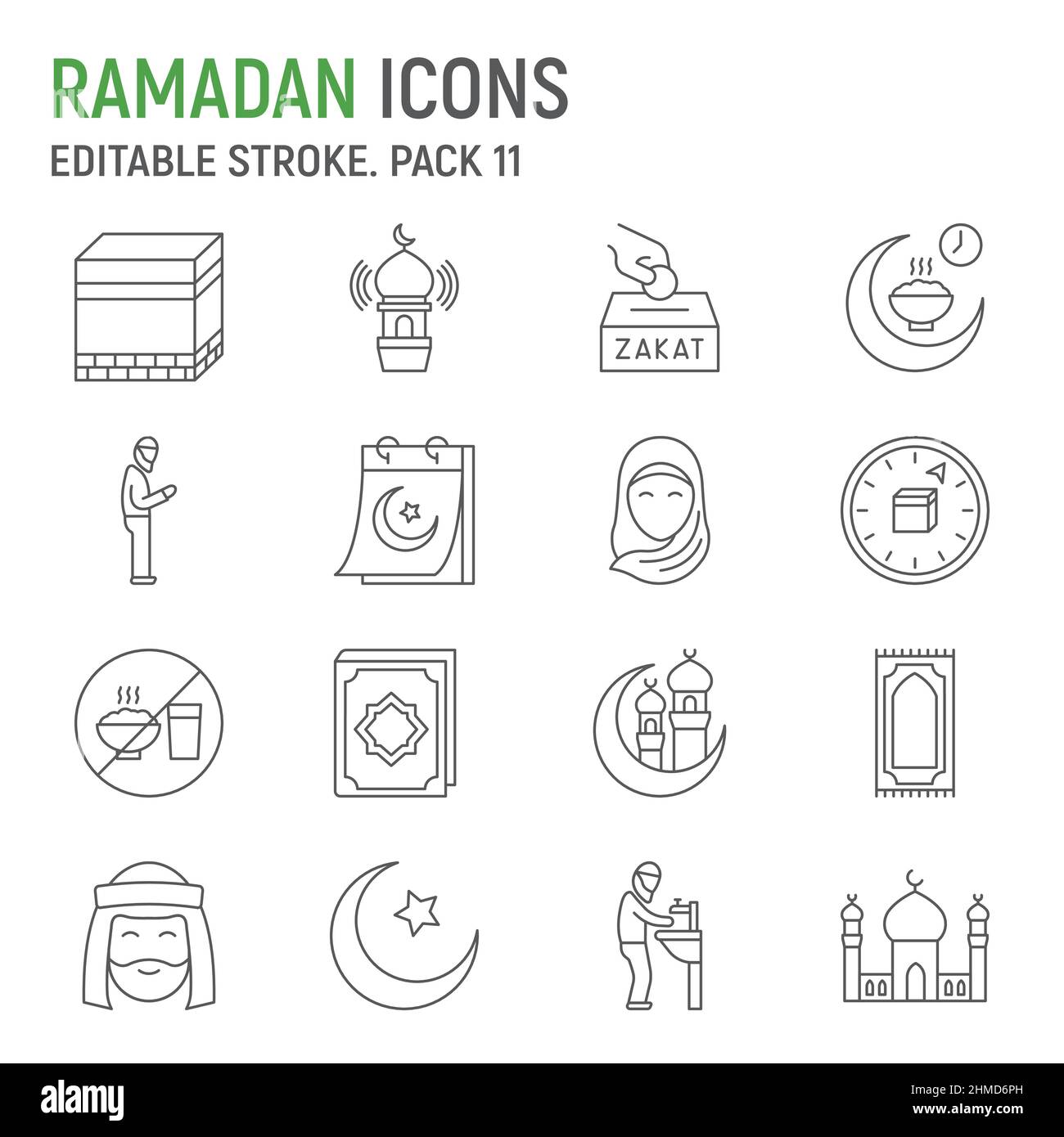 Set icone linea Ramadan, collezione islam, grafica vettoriale, illustrazioni logo, icone vettoriali felice Ramadan, segni islamici, pittogrammi contorno, tratto modificabile Illustrazione Vettoriale