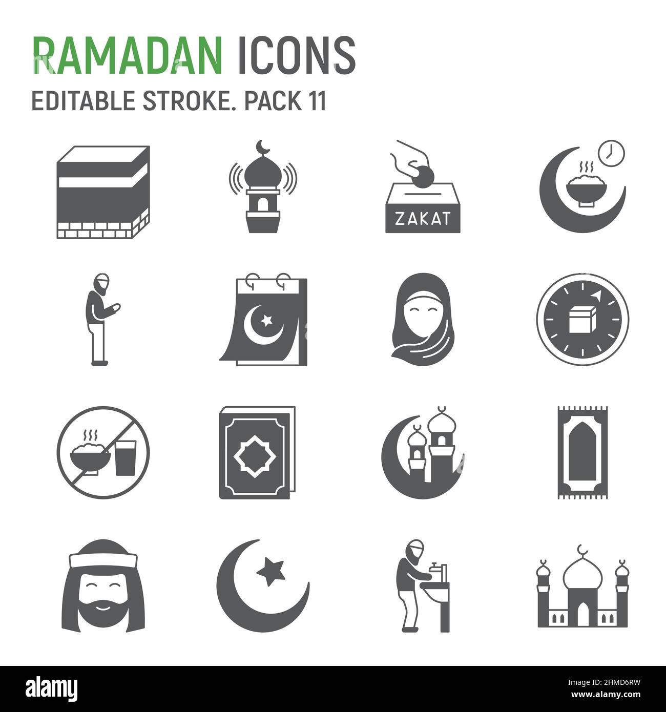 Set di icone glyph Ramadan, collezione islam, grafica vettoriale, illustrazioni logo, icone vettoriali felice Ramadan, segni islamici, pittogrammi solidi, tratto modificabile Illustrazione Vettoriale