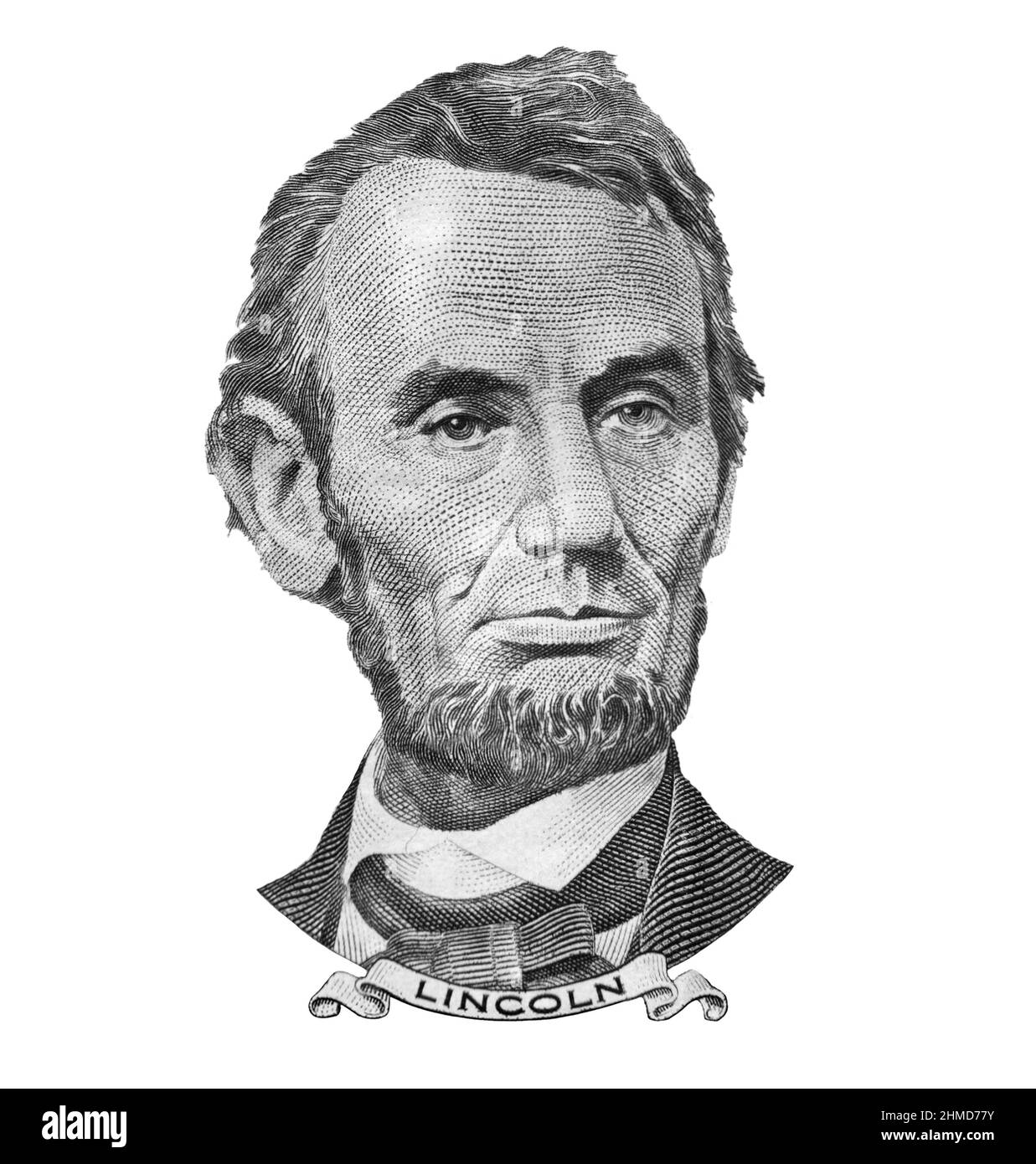 Ritratto dell'ex presidente degli Stati Uniti Abraham Lincoln come egli guarda su cinque dollari Bill obverse , isolato Foto Stock