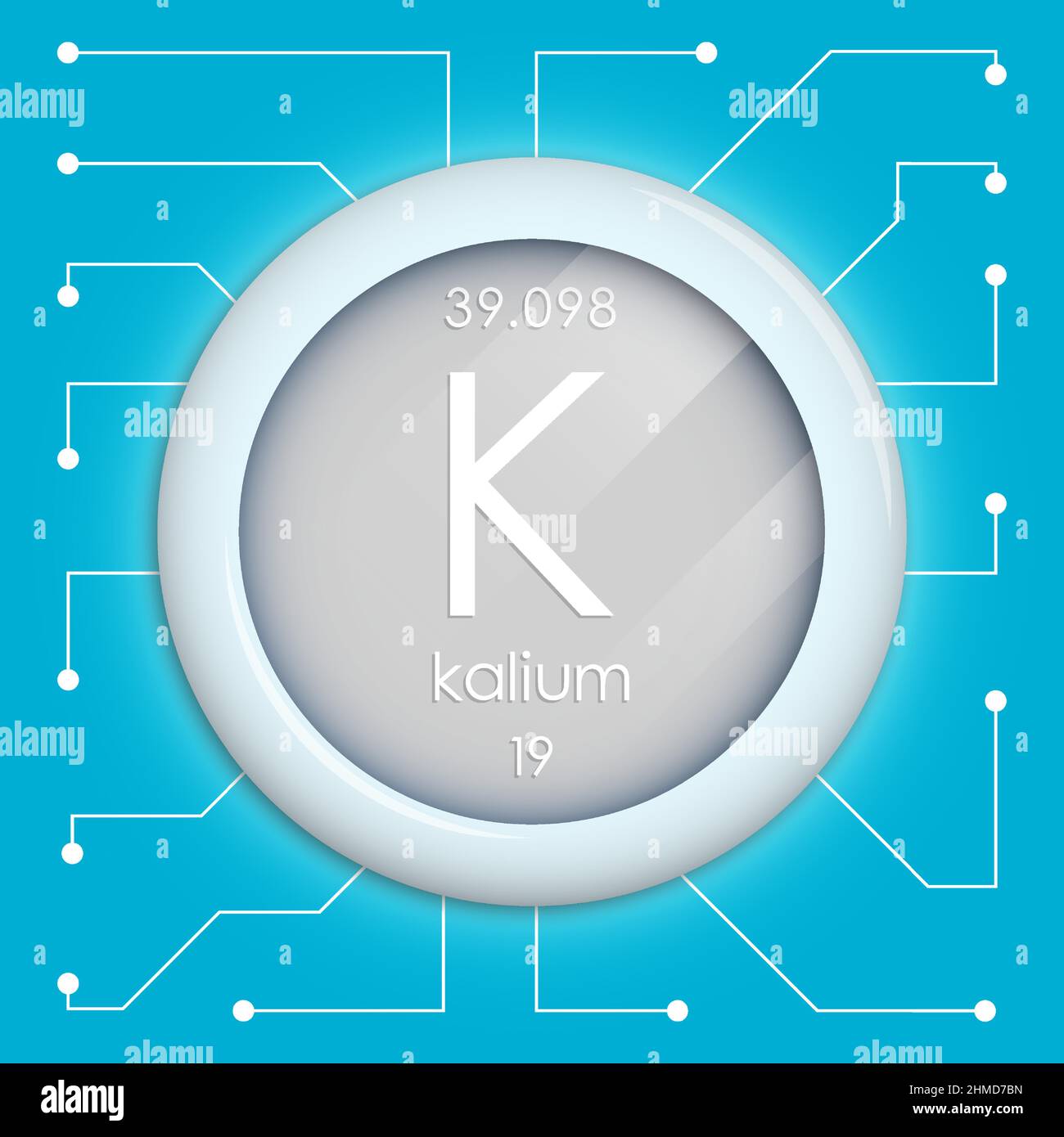 Pulsante realistico con simbolo di potassio. L'elemento chimico è il kalium. Vettore isolato su sfondo bianco Illustrazione Vettoriale