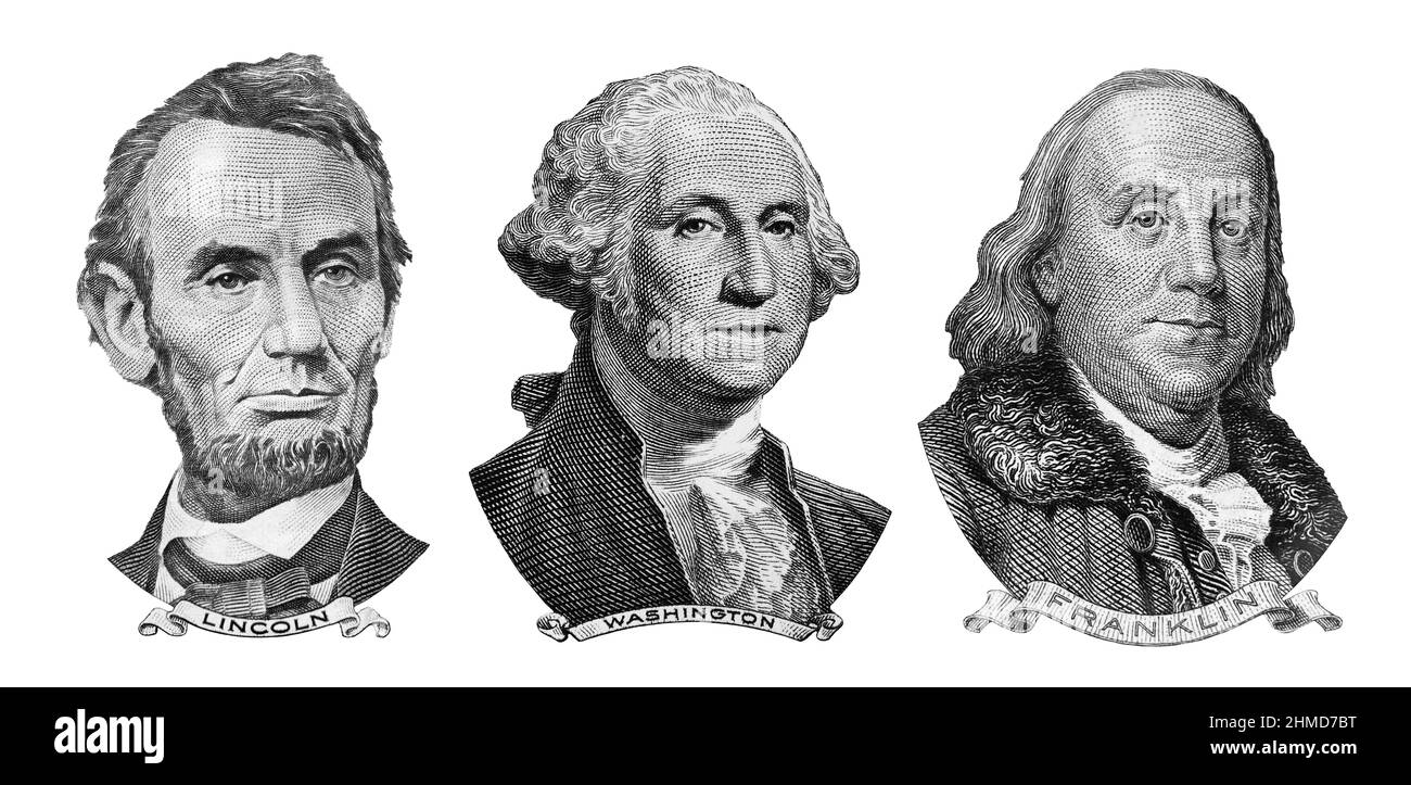 Presidenti AMERICANI George Washington, Benjamin Franklin, Abraham Lincoln , ritratti da dollari americani fatture isolate, Stati Uniti denaro closeup Foto Stock