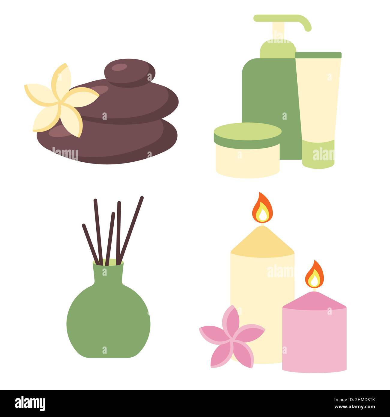 Set di elementi per spa e relax. Pietre Zen, creme cosmetiche, olio essenziale diffusore e candele aromatiche. Accessori per relax, meditazione e p Illustrazione Vettoriale