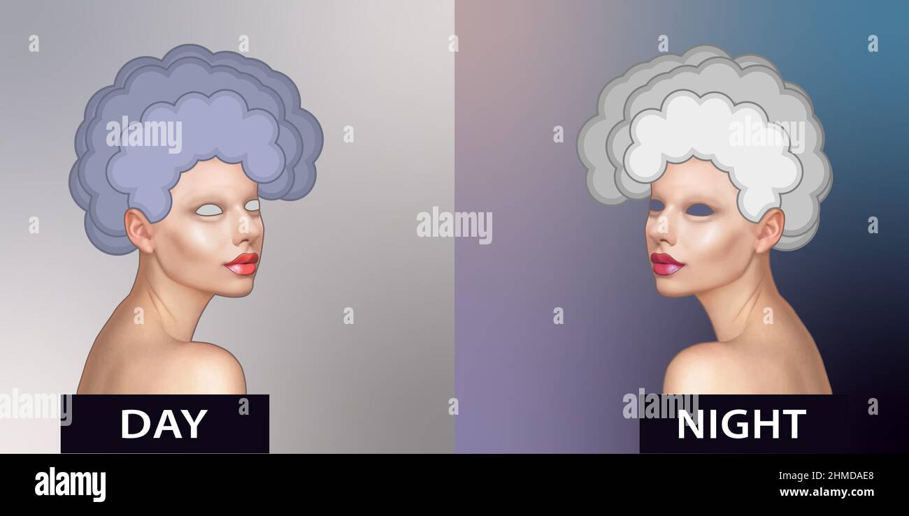 Immagine stilizzata pop art di una donna, giorno e notte. Illustrazione vettoriale Illustrazione Vettoriale