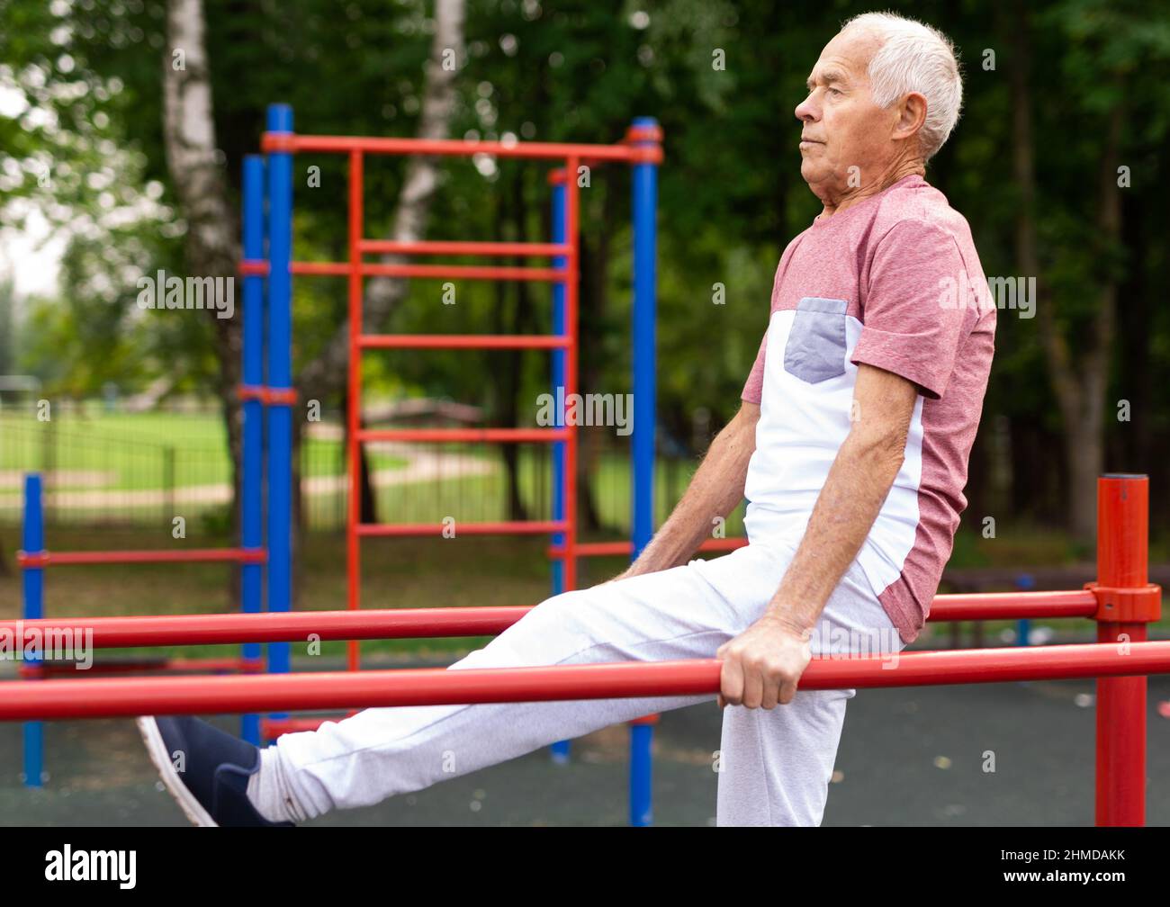 Vecchio che fa le esercitazioni sulle barre parallele all'aperto Foto Stock