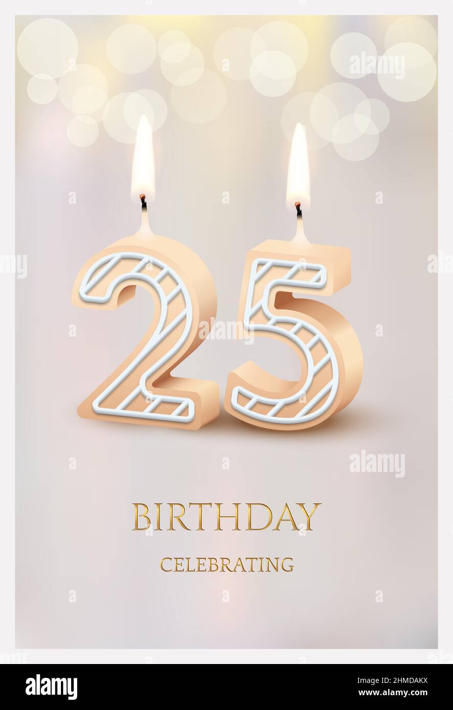 Biglietto di auguri di buon compleanno con 25 numero candele illustrazione vettoriale. 3d candelabro in poster design per festa anniversario, cute invit Illustrazione Vettoriale