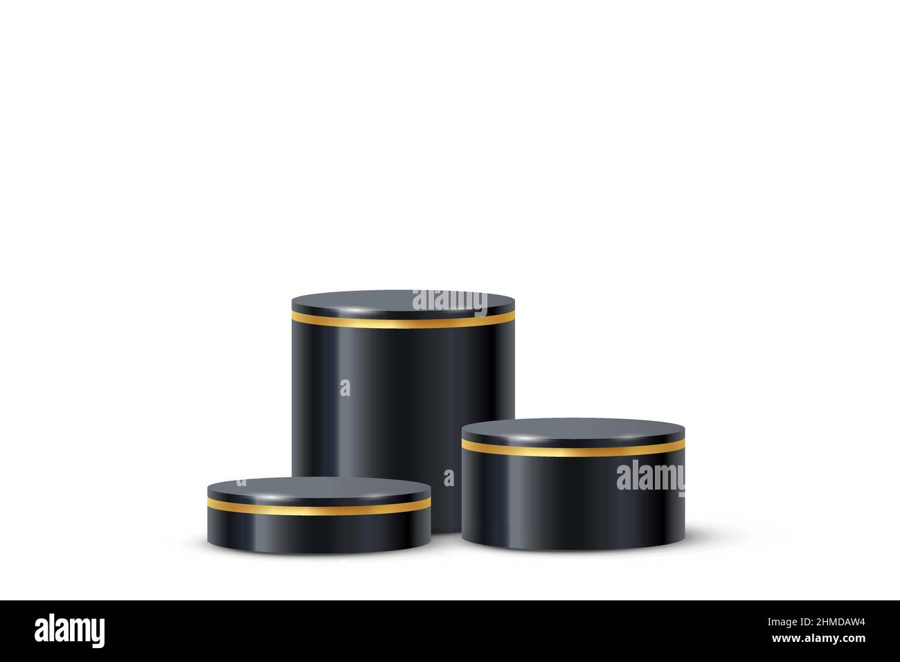 3d cilindri piattaforma nero podio con bordo linea oro su disegno vettoriale bordo. Realistico modello a piedistallo di forma geometrica rotonda, vincitore Illustrazione Vettoriale