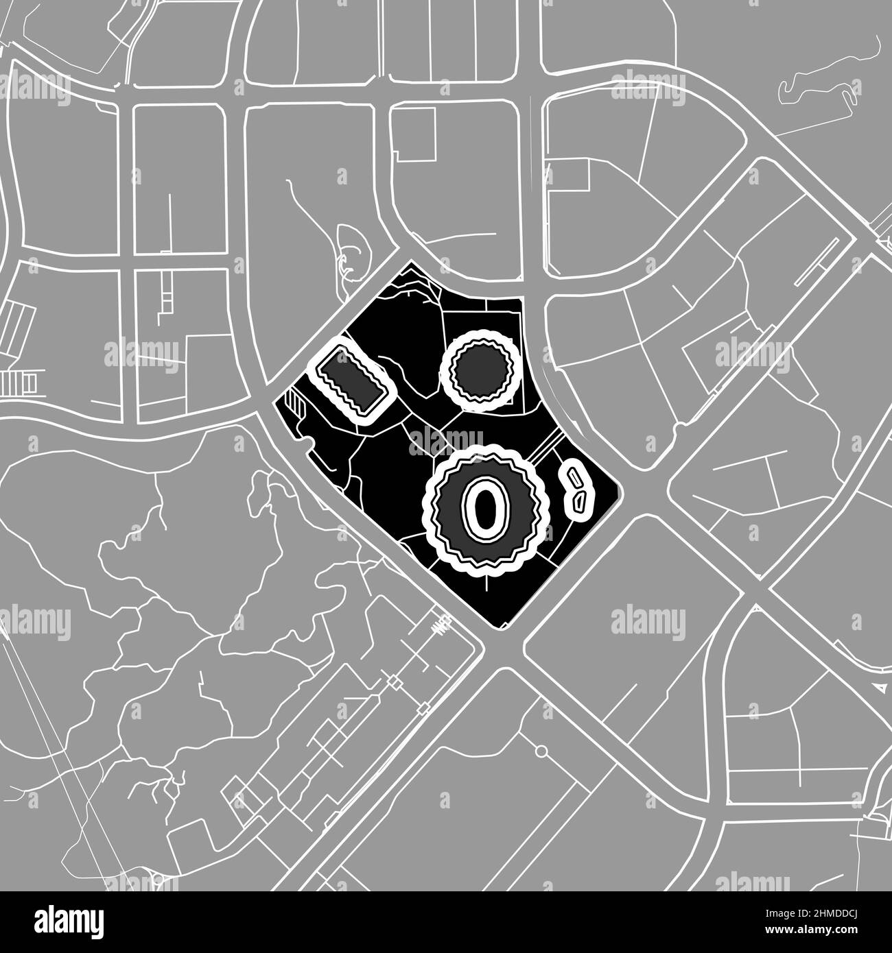 Shenzhen, Baseball MLB Stadium, mappa vettoriale. La mappa dello stadio di baseball è stata disegnata con aree bianche e linee per le strade principali, le strade laterali. Illustrazione Vettoriale