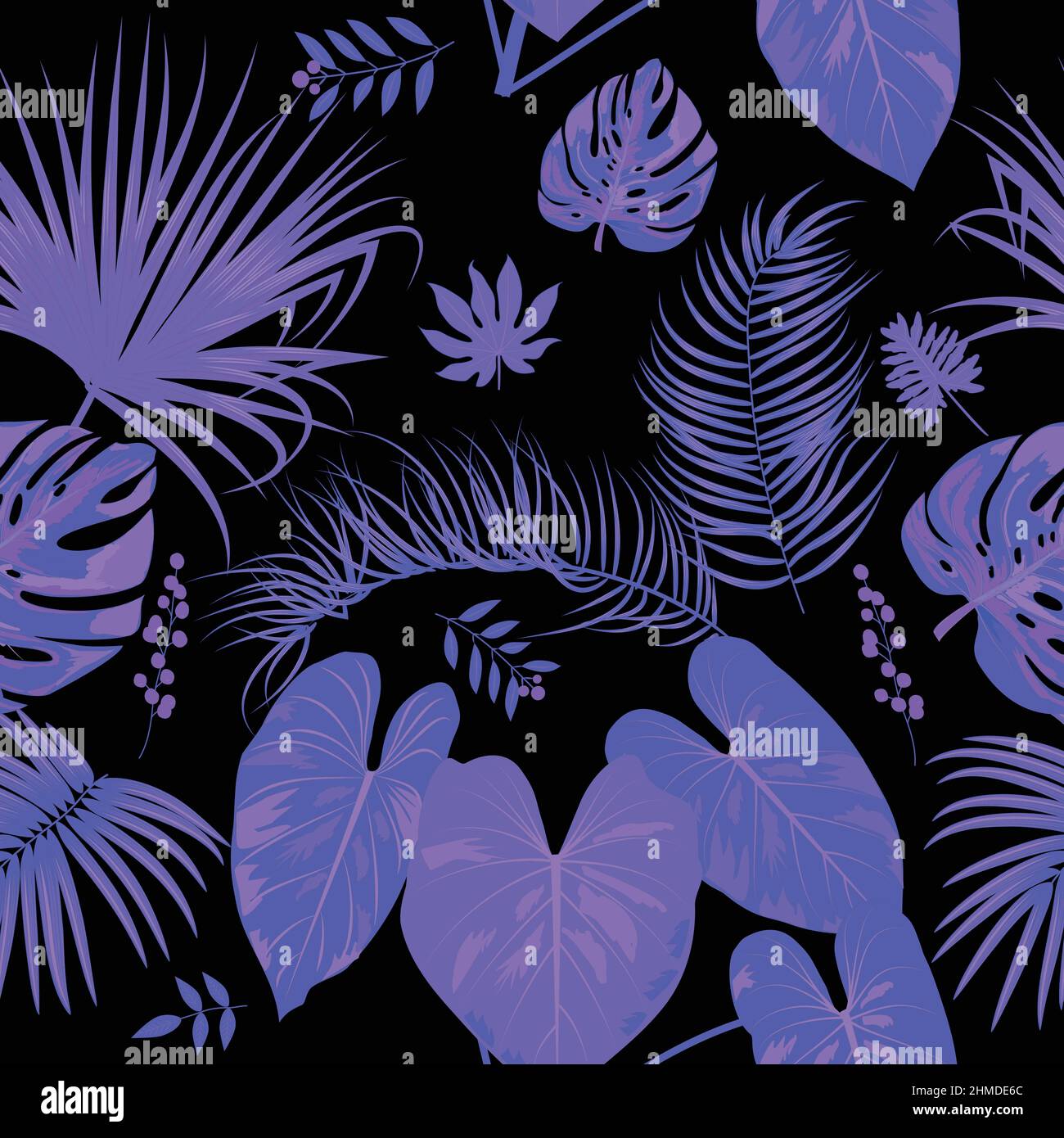 Motivi senza giunture con foglie di palma tropicali viola e fiori su sfondo bianco. Vettore di illustrazione decorativo floreale, per disegno di stampa Illustrazione Vettoriale