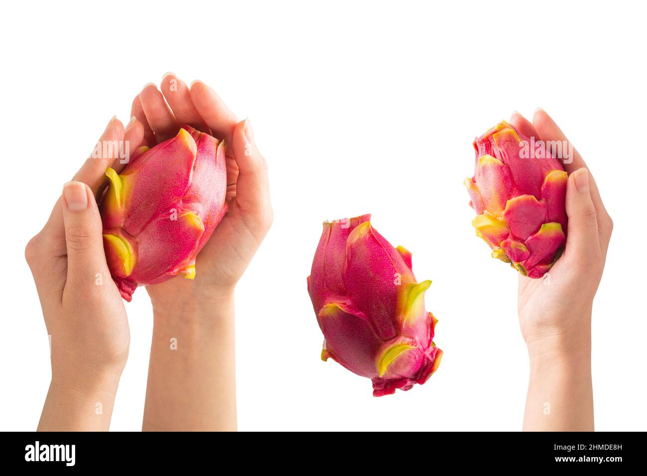Dolce gustoso drago frutta o pitaya in mano donna isolato su bianco. Foto Stock