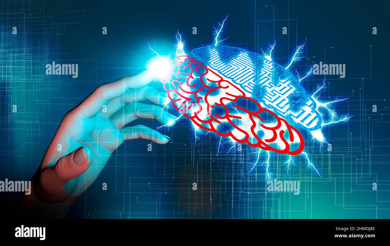 Creazione e controllo delle facoltà mentali. Cervello umano e creazione di intelligenza artificiale. Robot e cyborg. Ai. Mano umana. 3d rendering Foto Stock