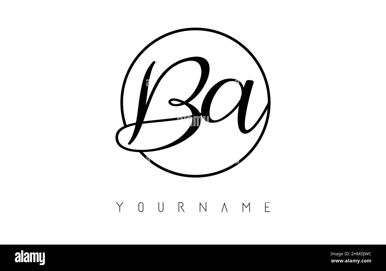 Lettere scritte a mano disegno del logo BA con semplice illustrazione vettoriale circolare. Icona creativa con lettere cablate e cornice circolare. Illustrazione Vettoriale