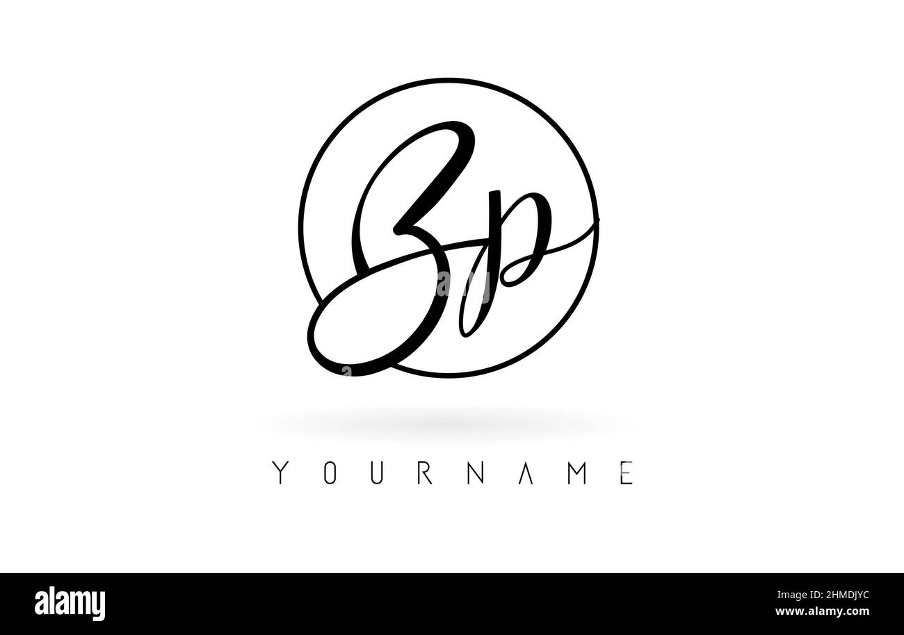Lettere scritte a mano disegno del logo BP con semplice illustrazione vettoriale circolare. Icona creativa con lettere cablate e cornice circolare. Illustrazione Vettoriale