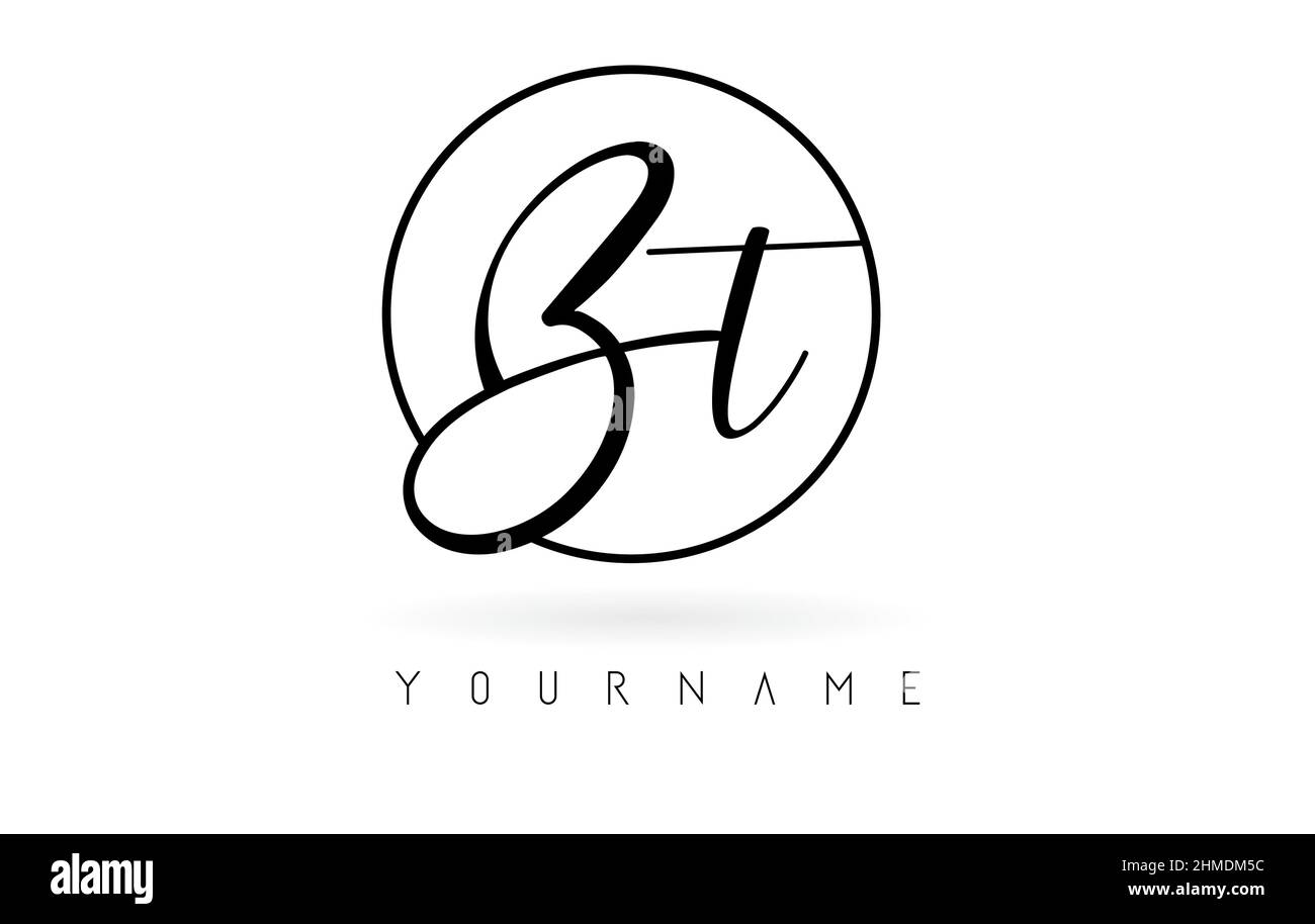 Lettere scritte a mano disegno del logo Bt con semplice illustrazione vettoriale circolare. Icona creativa con lettere cablate e cornice circolare. Illustrazione Vettoriale
