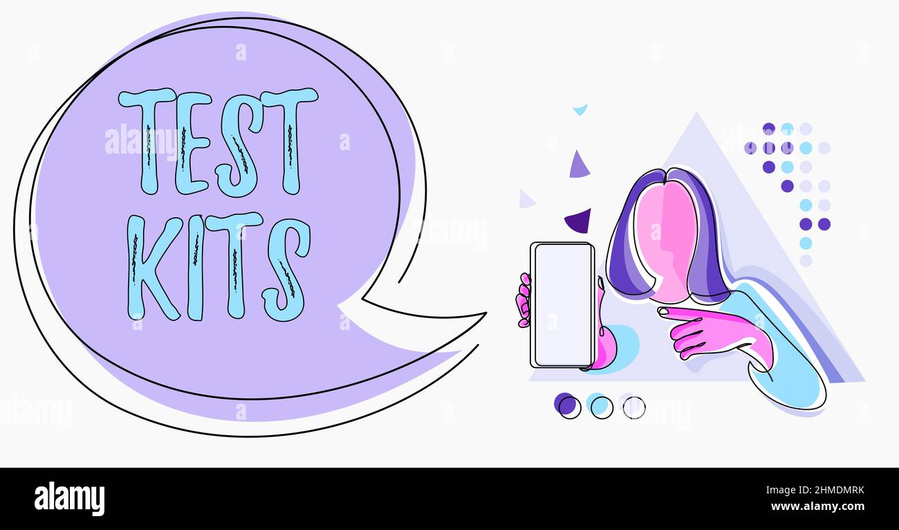 Kit di test per display concettuale. Strumenti fotografici concettuali utilizzati per rilevare la presenza di qualcosa nel disegno della linea del corpo per Lady Holding Phone Foto Stock