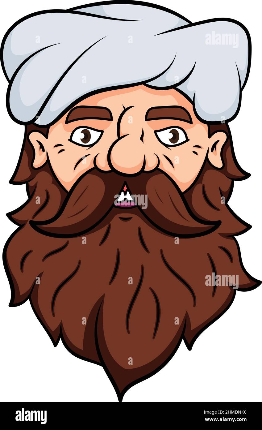 Uomo con barba grande, baffi e turbante. Faccia indiana dell'uomo. Stampa illustrazione vettoriale del disegno. Illustrazione Vettoriale
