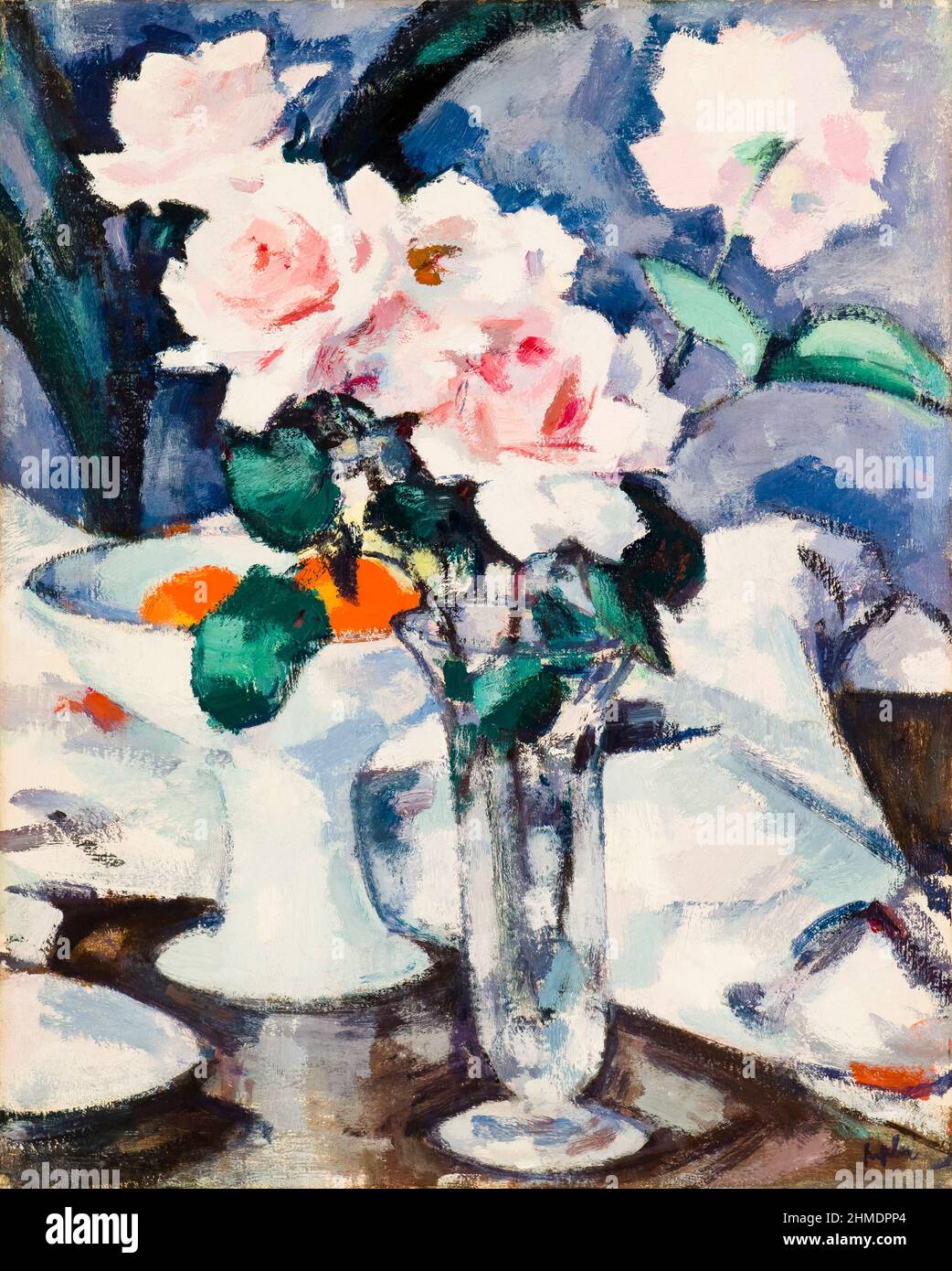 Rose rosa in un vaso di vetro, pittura di vita morta di Samuel Piploe, 1925-1929 Foto Stock