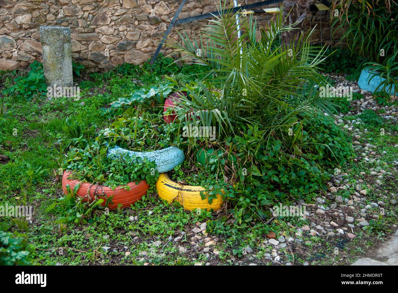 Pneumatici auto riciclato colorati trasformati in piantatrici per piante in giardino a Granadilla, Extremadura Foto Stock