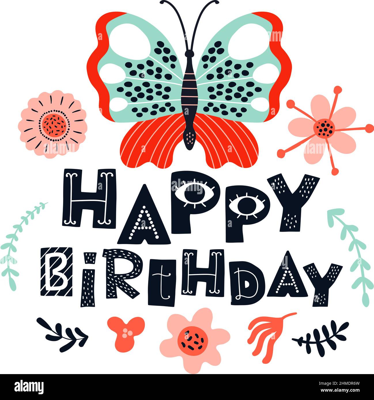 Buon compleanno. Simpatico banner ornato con fiori e farfalla Illustrazione Vettoriale