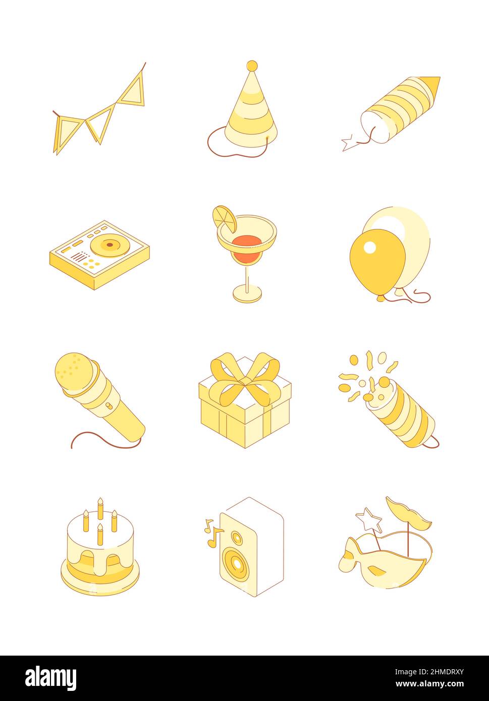 Festa di compleanno - linea moderna icone isometriche set. Immagini dettagliate di torta con candele, garland festivo, clapperboard, palloncini, maschere, cocktail Illustrazione Vettoriale