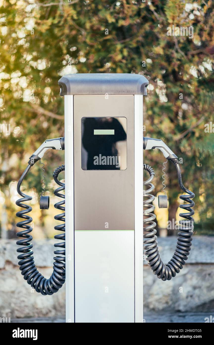 Immagine verticale di un caricabatteria per auto elettrico con due prese. Immagine con profondità di campo poco profonda Foto Stock