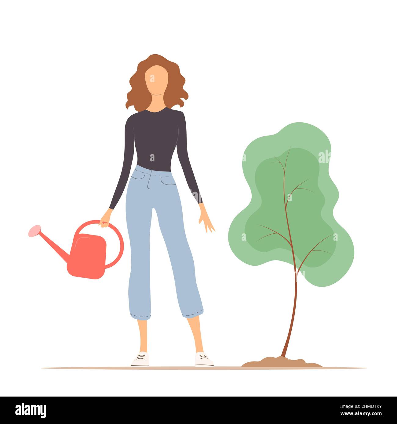 Una giovane donna sta piantando e innaffia un albero. Stagione primaverile, giardinaggio, cura dell'ecologia e della natura. Illustrazione isolata piatta vettoriale. Backgro bianco Illustrazione Vettoriale