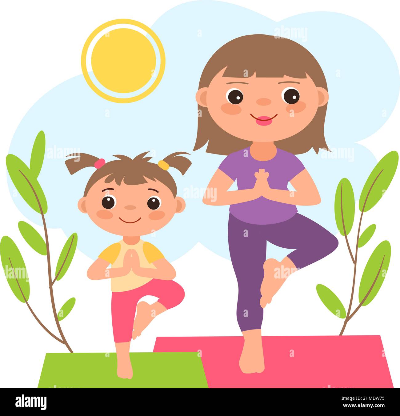 Donna e ragazza che fanno yoga posa all'aperto. Allenamento in famiglia Illustrazione Vettoriale