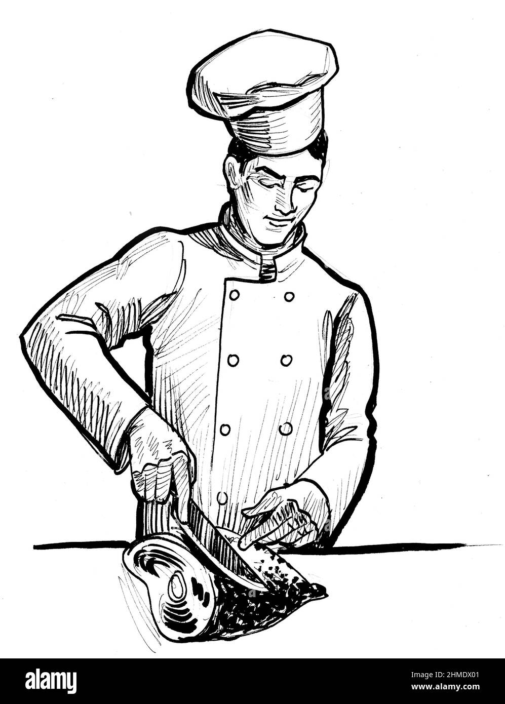 Ristorante chef taglio di carne. Disegno in bianco e nero con inchiostro  Foto stock - Alamy