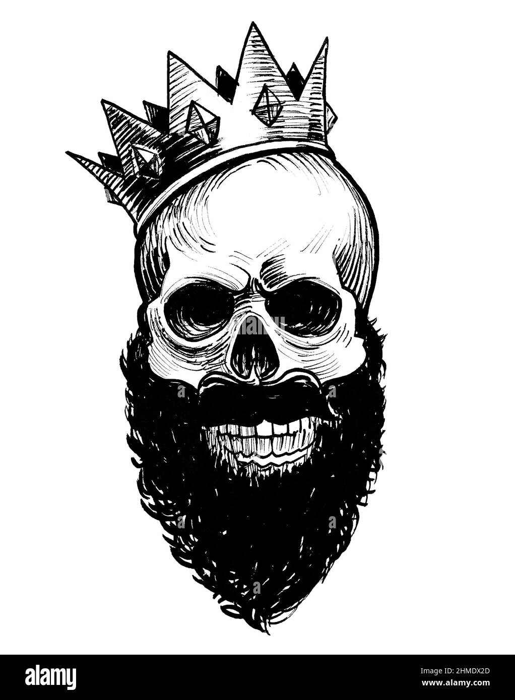 Cranio umano in corona. Disegno in bianco e nero con inchiostro Foto Stock