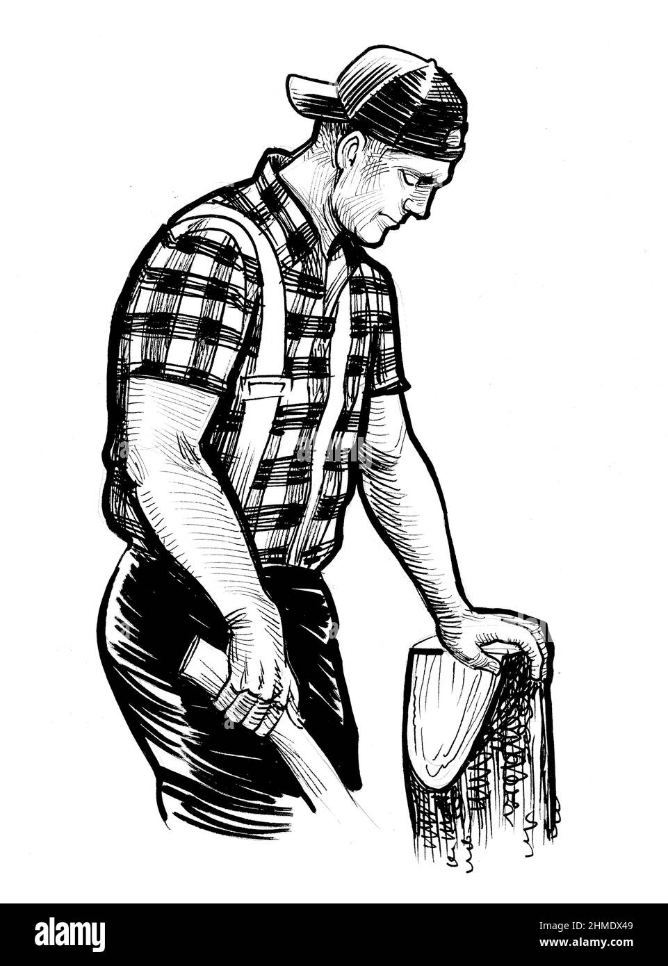 Jack di lumberjack canadese con ascia. Disegno in bianco e nero con inchiostro Foto Stock