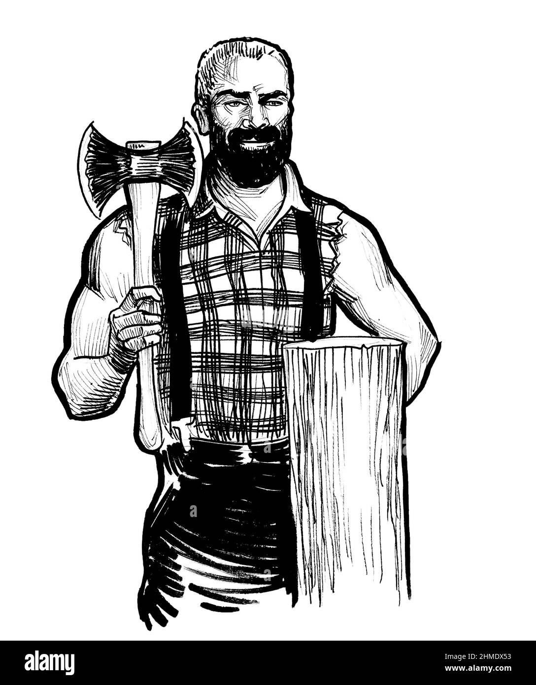 Jack di lumberjack canadese con ascia. Disegno in bianco e nero con inchiostro Foto Stock