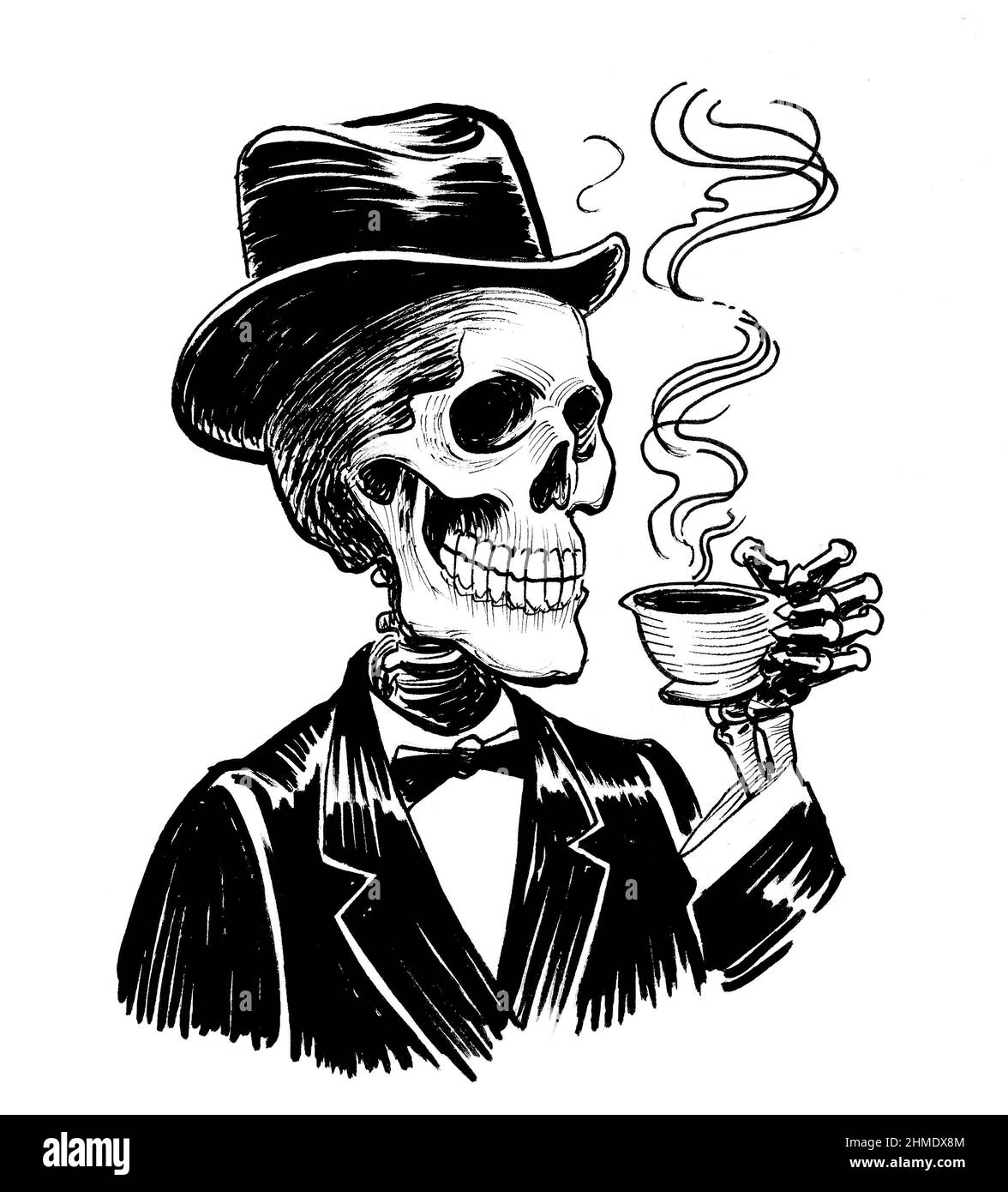 Scheletro umano in abito e cappello bevendo una tazza di caffè. Disegno in bianco e nero con inchiostro Foto Stock