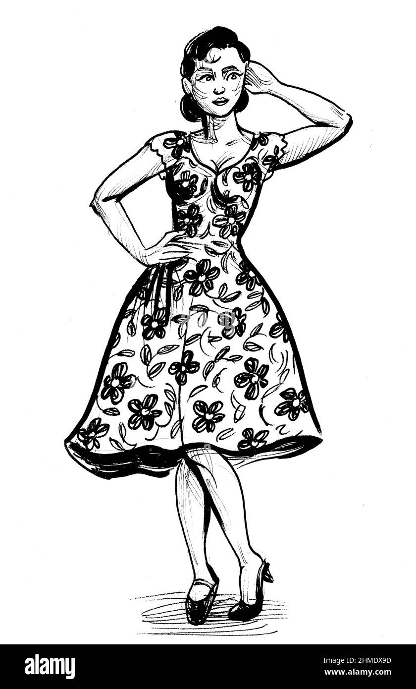 Bella donna in abito. Disegno in bianco e nero con inchiostro Foto Stock